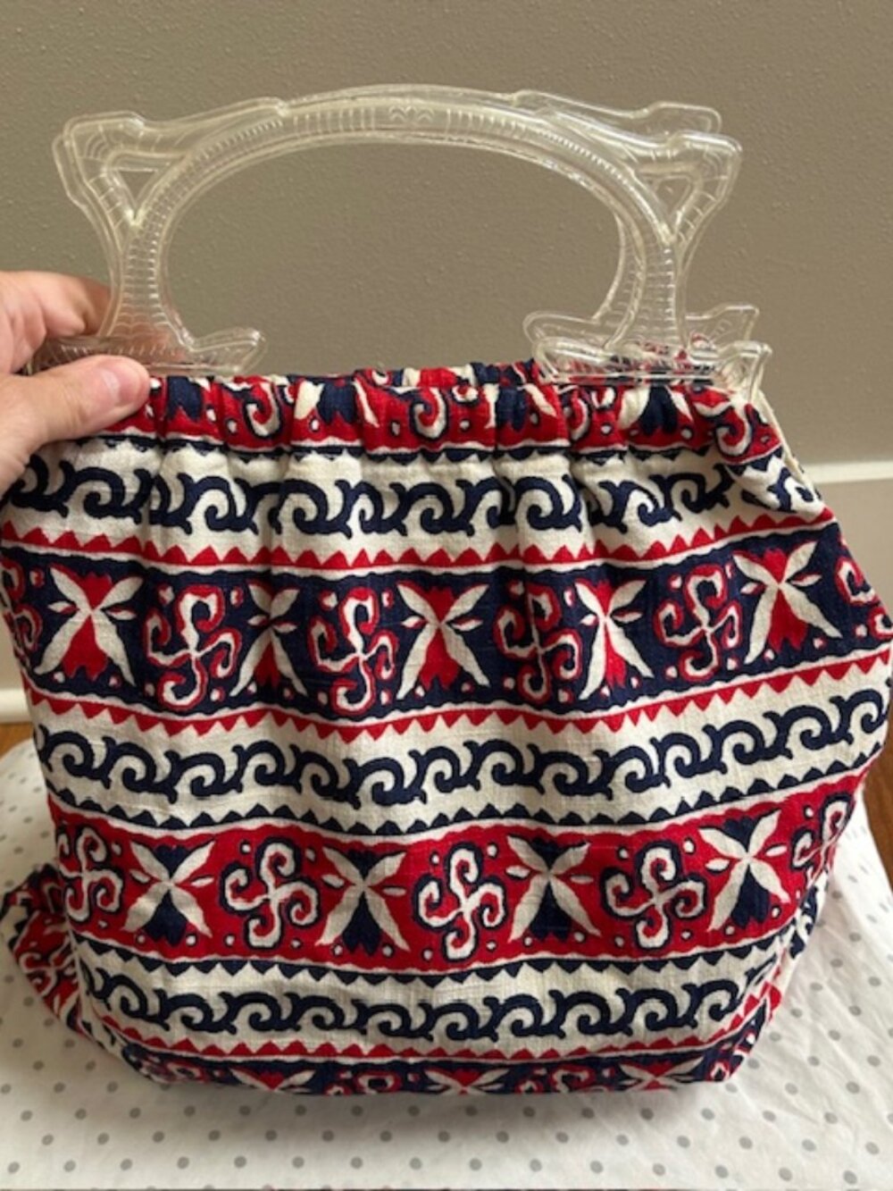 Vintage 90's batik navy and blue handbag with lucite handles